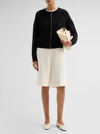 Loulou de Saison Women's Nicola Contrast Crewneck Cashmere Cardigan - Black Ivory - Size XS | Thumbnail 2