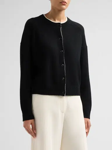 Loulou de Saison Women's Nicola Contrast Crewneck Cashmere Cardigan - Black Ivory - Size XS | Thumbnail 4