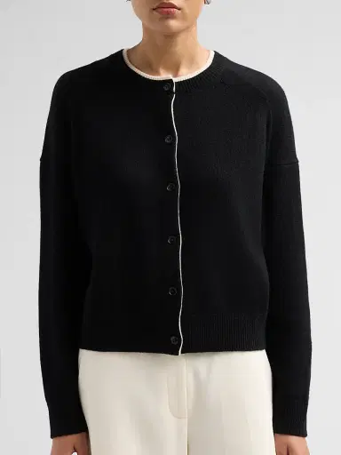 Loulou de Saison Women's Nicola Contrast Crewneck Cashmere Cardigan - Black Ivory - Size XS | Thumbnail 5
