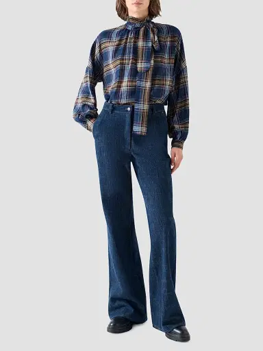 Akris punto Women's Checked Wool-Blend Blouse - Navy Multicolor - Size 16 | Thumbnail 2 Akris punto Women's Checked Wool-Blend Blouse - Navy Multicolor - Size 16 | Thumbnail 2