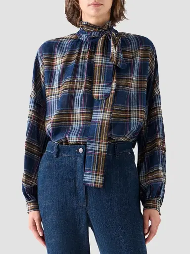 Akris punto Women's Checked Wool-Blend Blouse - Navy Multicolor - Size 16 | Thumbnail 5 Akris punto Women's Checked Wool-Blend Blouse - Navy Multicolor - Size 16 | Thumbnail 5