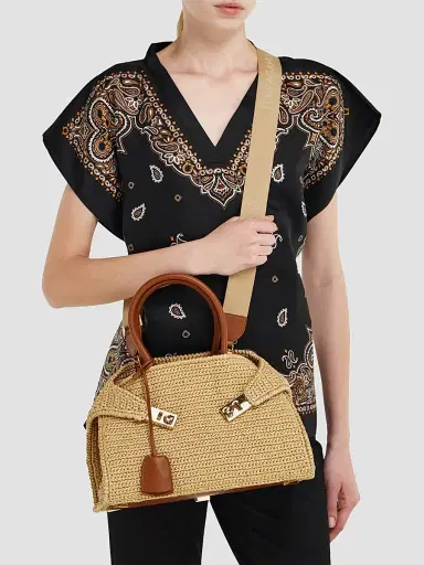 Ferragamo Women's Hug Medium Gancini Raffia Top Handle Bag | Thumbnail 2 Ferragamo Women's Hug Medium Gancini Raffia Top Handle Bag | Thumbnail 2