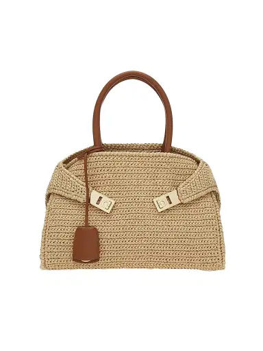 Ferragamo Women's Hug Medium Gancini Raffia Top Handle Bag | Thumbnail 1 Ferragamo Women's Hug Medium Gancini Raffia Top Handle Bag | Thumbnail 1