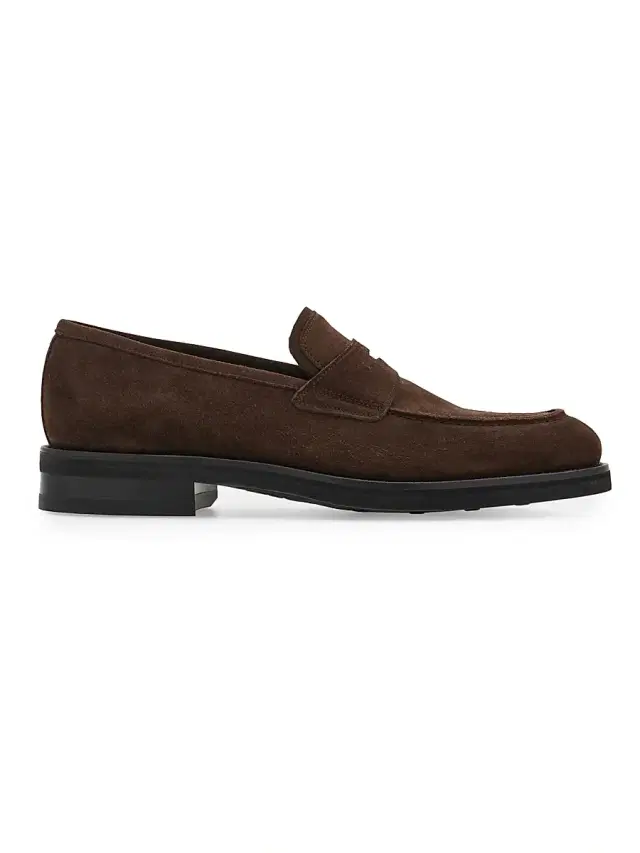 FERRAGAMO Men's Stefanovit Suede Penny Loafers - Bark