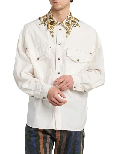 Versace Men's Embroidered Point Collar Cotton Shirt | Thumbnail 3 Versace Men's Embroidered Point Collar Cotton Shirt | Thumbnail 3