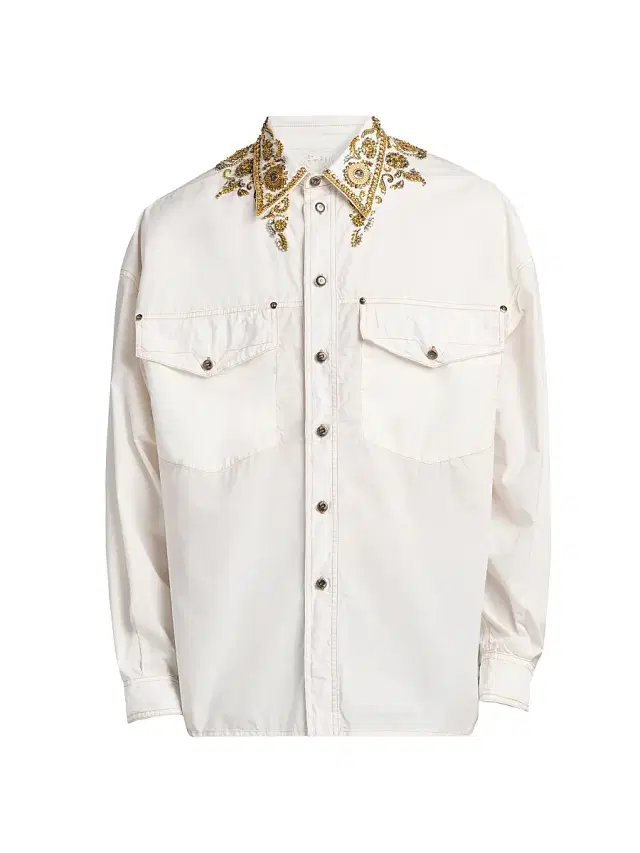 Versace Men's Embroidered Point Collar Cotton Shirt - White