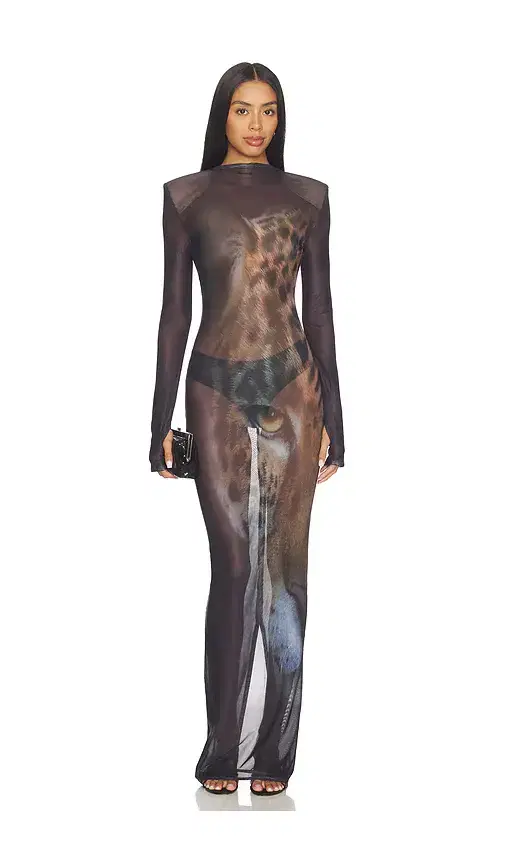 Bronx Banco Tiger Long Sleeve Sheer Mesh Maxi Dress