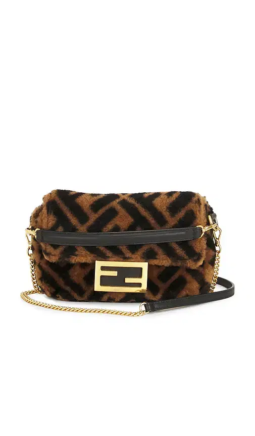 FWRD Renew Fendi Shearling Vitello Dolce Macro FF 1974 Mini Baguette Shoulder Bag