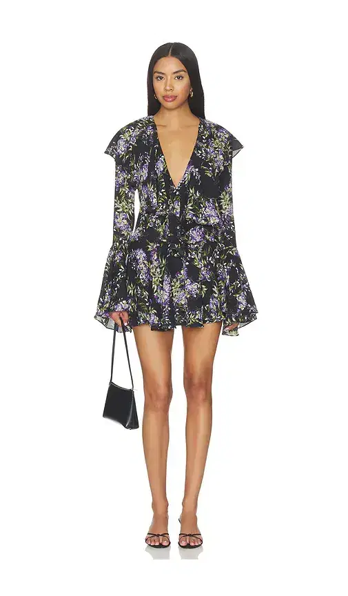 Norma Kamali Long Sleeve Deep V Ruffle Mini Dress