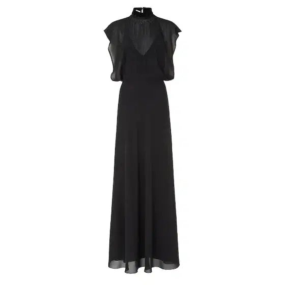 Flowing, floor-length dress featuring a cape-style bodice Flowing, floor-length dress featuring a cape-style bodice