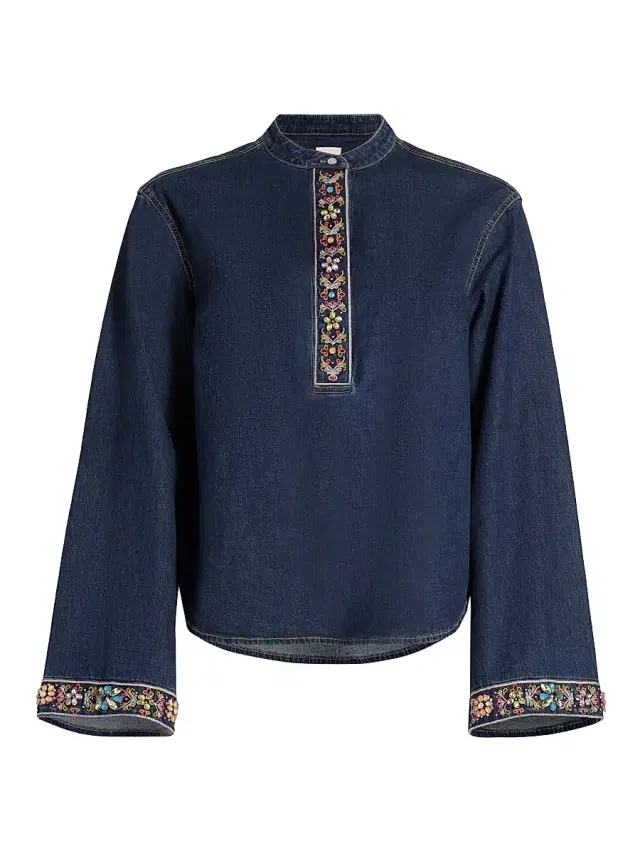 Cinq à Sept Women's Birdie Embellished Denim Top - Abyss