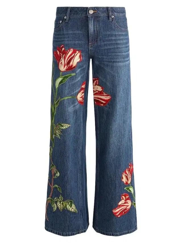 Women's Amazing Embroidered Appliqué Baggy Low-Rise Jeans - Freyja Blue Soft Tulip