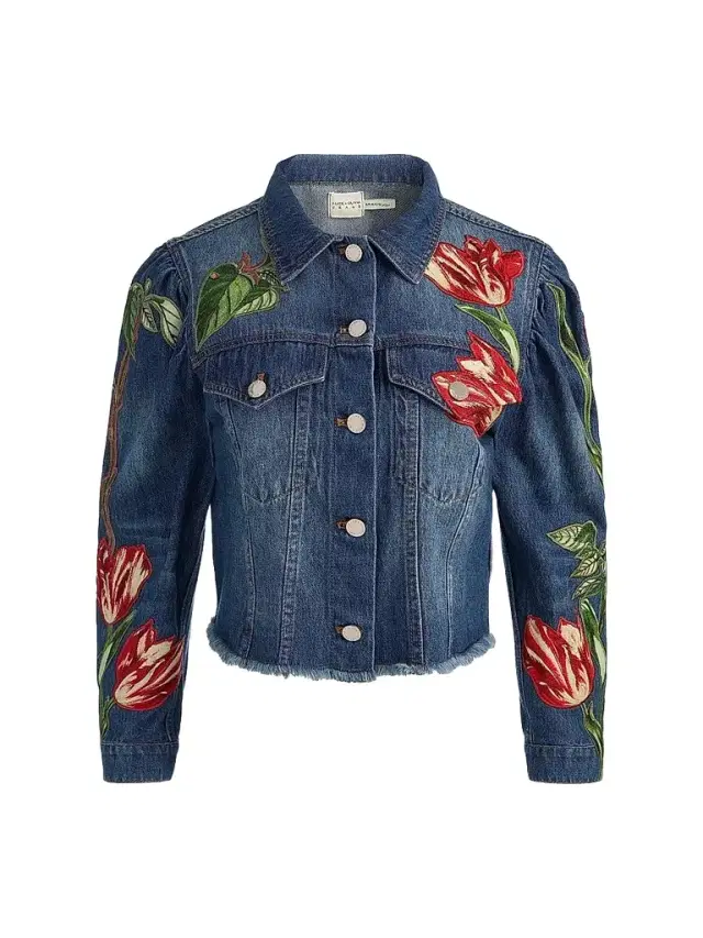 ALICE + OLIVIA Women's Elijah Embroidered Appliqué Crop Denim Jacket - Freyja Blue Soft Tulip