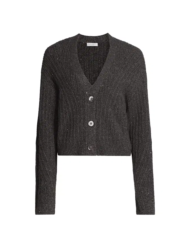 Ramy Brook Women's Cornelius Metallic Rib-Knit V-Neck Cardigan - Charcoal Wool