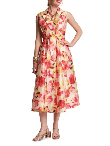 Frances Valentine Women's Lucia Floral Tie-Waist Midi-Dress - Oyster Pink Multi | Thumbnail 1