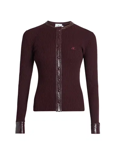 Courrèges Women's Faux-Leather-Trim Logo Cardigan | Thumbnail 1 Courrèges Women's Faux-Leather-Trim Logo Cardigan | Thumbnail 1
