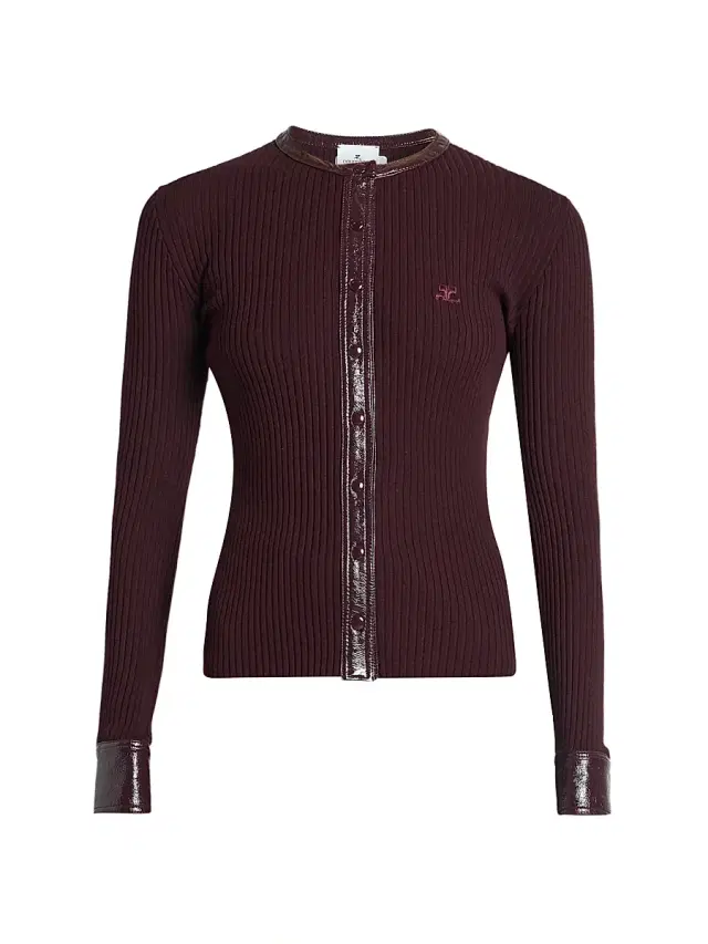 Courreges Women's Faux-Leather-Trim Logo Cardigan - Burgundy