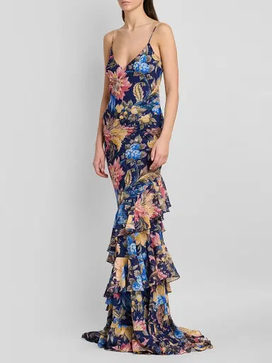 Etro Women's Botanical-Print Tiered Ruffled Gown - Printed Blue Base | Thumbnail 4 Etro Women's Botanical-Print Tiered Ruffled Gown - Printed Blue Base | Thumbnail 4
