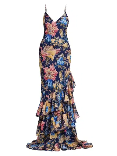 Etro Women's Botanical-Print Tiered Ruffled Gown - Printed Blue Base | Thumbnail 1 Etro Women's Botanical-Print Tiered Ruffled Gown - Printed Blue Base | Thumbnail 1