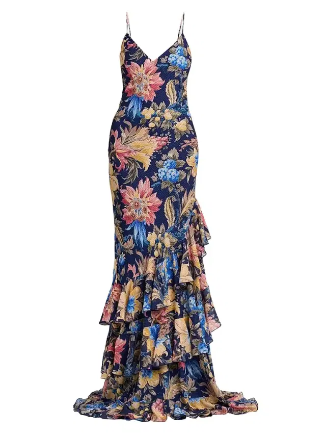 Etro Women's Botanical-Print Tiered Ruffled Gown - Printed Blue Base