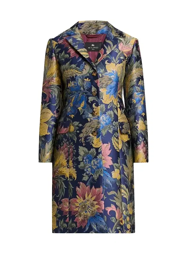 Etro Women's Floral Cotton-Blend Jacquard Notch Lapel Coat - Multicolor Blue Base
