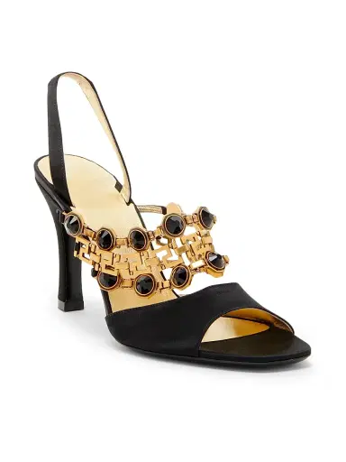 Versace Women's 90MM Embellished Leather Slingback Sandals - Black Gold - Size 10 | Thumbnail 2