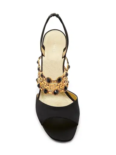 Versace Women's 90MM Embellished Leather Slingback Sandals - Black Gold - Size 10 | Thumbnail 4