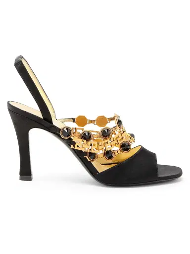 Versace Women's 90MM Embellished Leather Slingback Sandals - Black Gold - Size 10 | Thumbnail 1