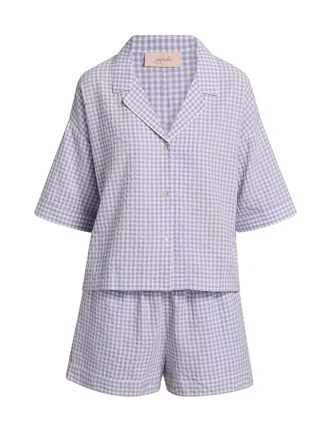 Papinelle Women's Seersucker Gingham Boxer Pajamas - Soft Lavender