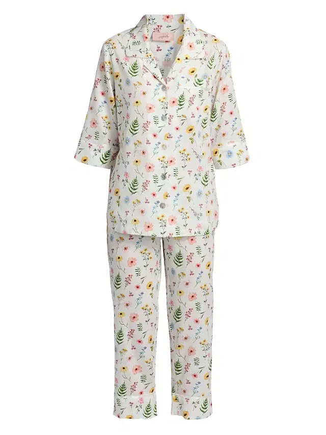Papinelle Women's Elodie Wildflower Cotton Crop Pajamas - White
