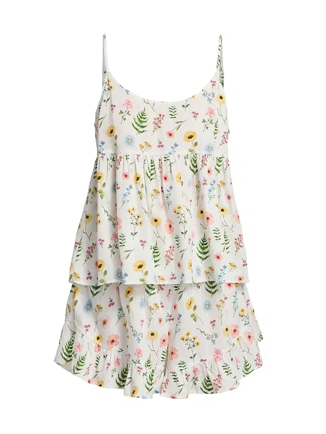 Papinelle Women's Elodie Wildfloral Cotton Cami & Boxer Pajamas - White