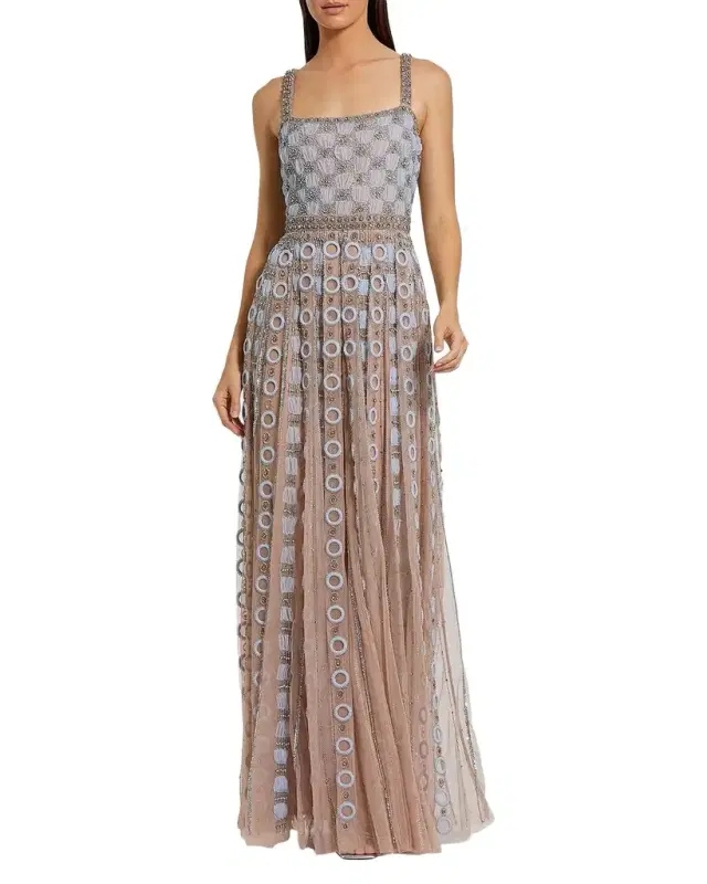 Mac Duggal Square-Neck Embroidered Mesh Gown
