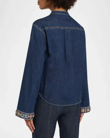 Cinq à Sept Birdie Embroidered Denim Top | Thumbnail 3
