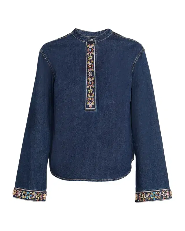 Cinq à Sept Birdie Embroidered Denim Top