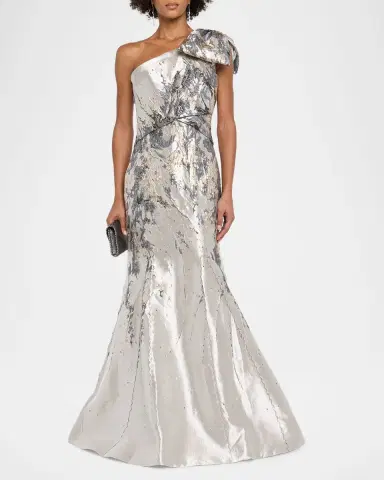 Rene Ruiz Collection One-Shoulder Bow Metallic Brocade Trumpet Gown | Thumbnail 2 Rene Ruiz Collection One-Shoulder Bow Metallic Brocade Trumpet Gown | Thumbnail 2