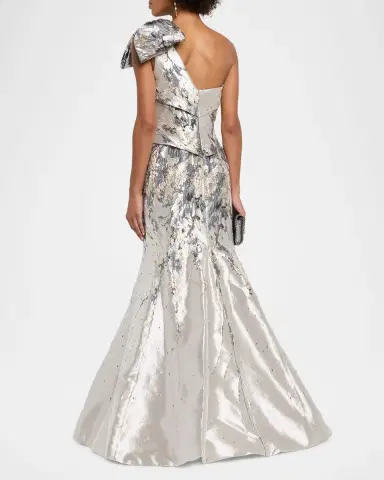 Rene Ruiz Collection One-Shoulder Bow Metallic Brocade Trumpet Gown | Thumbnail 3 Rene Ruiz Collection One-Shoulder Bow Metallic Brocade Trumpet Gown | Thumbnail 3