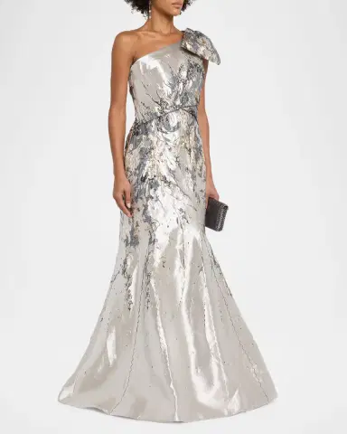 Rene Ruiz Collection One-Shoulder Bow Metallic Brocade Trumpet Gown | Thumbnail 4 Rene Ruiz Collection One-Shoulder Bow Metallic Brocade Trumpet Gown | Thumbnail 4