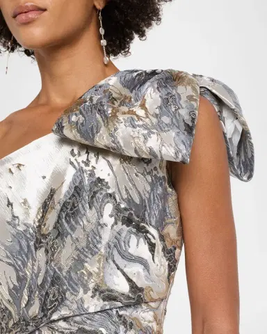 Rene Ruiz Collection One-Shoulder Bow Metallic Brocade Trumpet Gown | Thumbnail 5 Rene Ruiz Collection One-Shoulder Bow Metallic Brocade Trumpet Gown | Thumbnail 5
