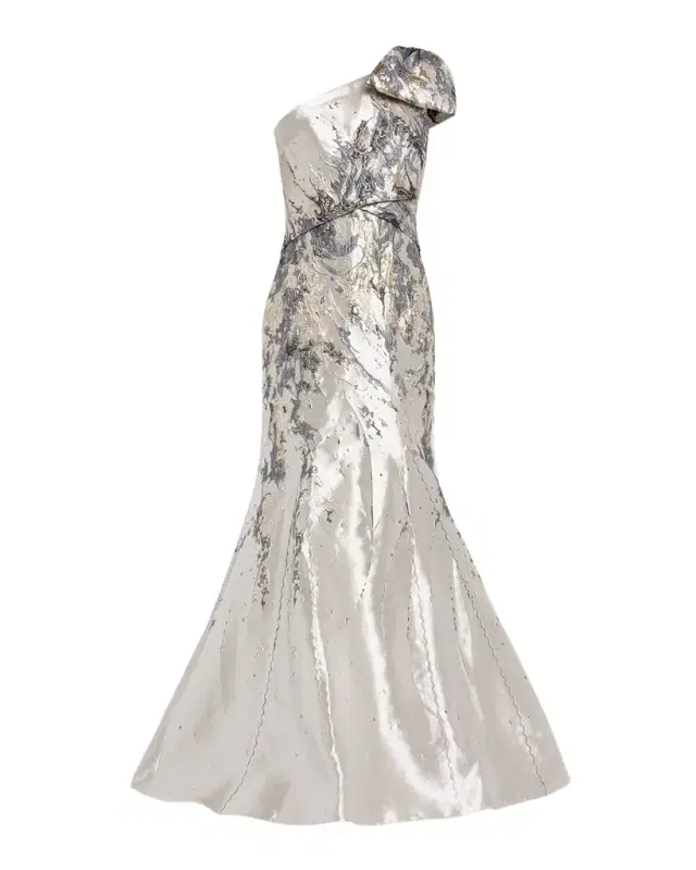 Rene Ruiz Collection One-Shoulder Bow Metallic Brocade Trumpet Gown