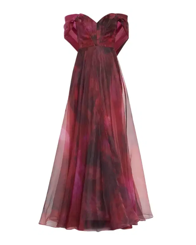 Rene Ruiz Collection Wrap-Sleeve Off-the-Shoulder Organza Gown