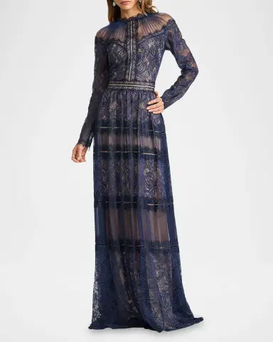 Tadashi Shoji Debore Orchid Illusion Long-Sleeve Gown | Thumbnail 2 Tadashi Shoji Debore Orchid Illusion Long-Sleeve Gown | Thumbnail 2