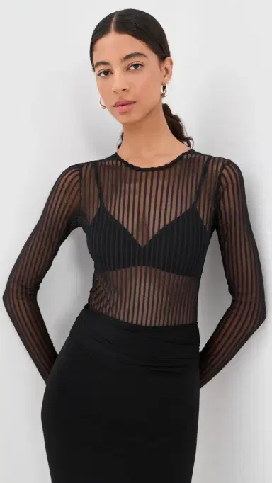 LE BOP Hannah triped Thong Bodysuit Black triped Mesh | Thumbnail 2