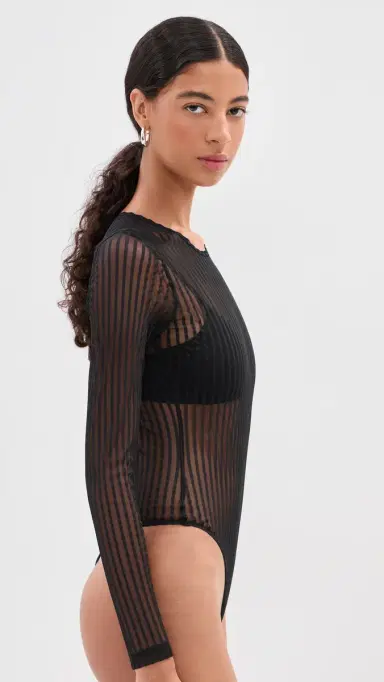 LE BOP Hannah triped Thong Bodysuit Black triped Mesh | Thumbnail 4