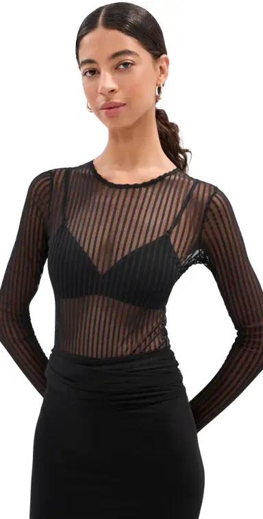 LE BOP Hannah triped Thong Bodysuit Black triped Mesh | Thumbnail 1