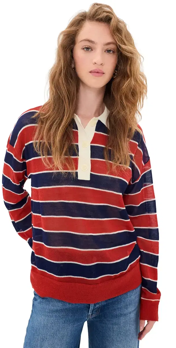 MOTHER The Biggie Raquette Knit Tee Red And Navy tripe