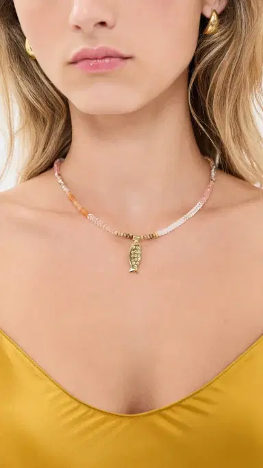 Logan Tay Pink Beaded Gold Fish Necklace Pink One Size | Thumbnail 3