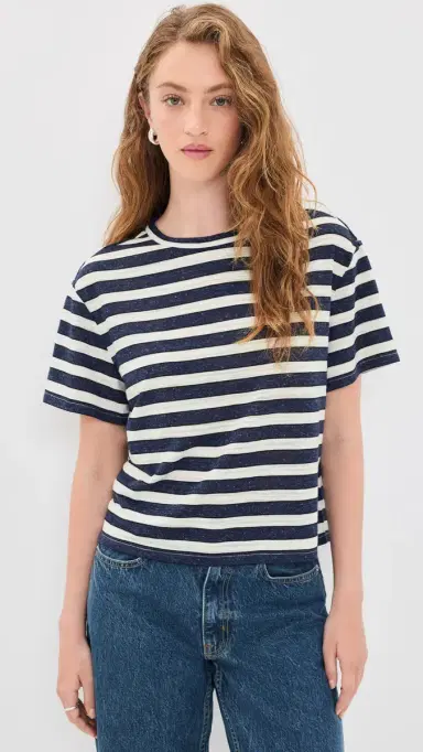 Le Jean Linen Poppy Tee Navy/Cream Stripe L | Thumbnail 2
