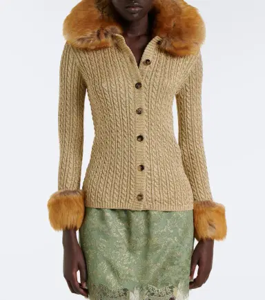Saint Laurent Cable-knit shearling-trimmed cardigan | Thumbnail 5 Saint Laurent Cable-knit shearling-trimmed cardigan | Thumbnail 5