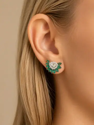 Wish Fine Jewelry 1.1ct Diamond Emerald 18K Gold Cluster Earrings | Thumbnail 2