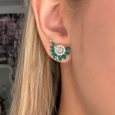 Wish Fine Jewelry 1.1ct Diamond Emerald 18K Gold Cluster Earrings | Thumbnail 3